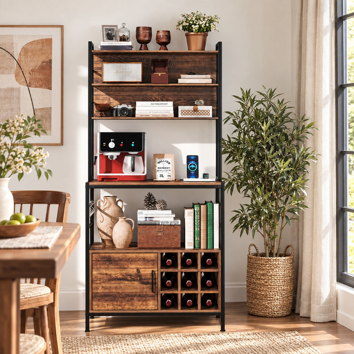 Airfind Coffee Bar Cabinet with S-Shaped Hooks and Wine Bottle Holders, Upper Shelf 44 lbs Capacity, Engineered Wood Metal Frame, Coffee
