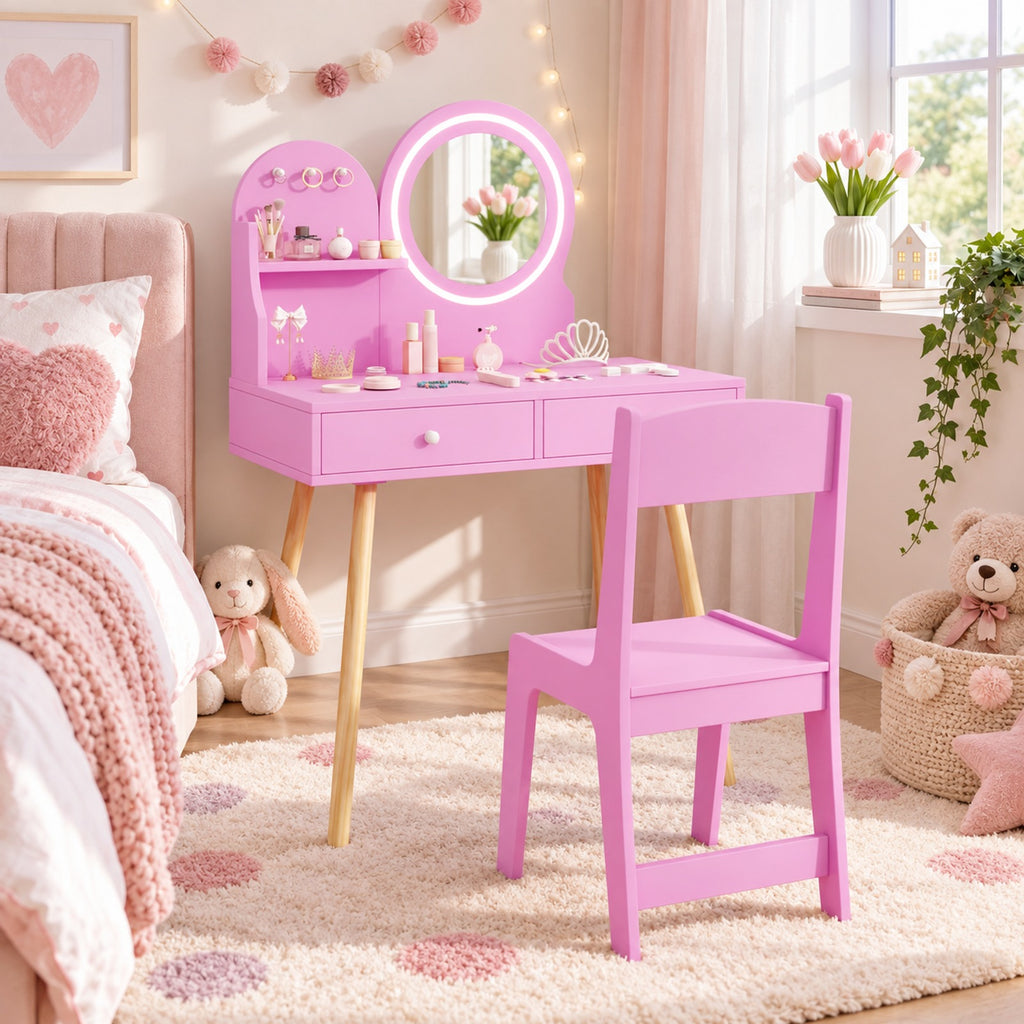 Airfind Kids Princess Makeup Dressing Desk and Chair Set with Mirror and Lights, 110 lbs Capacity, MDF Frame, for 3+ years old, Pink