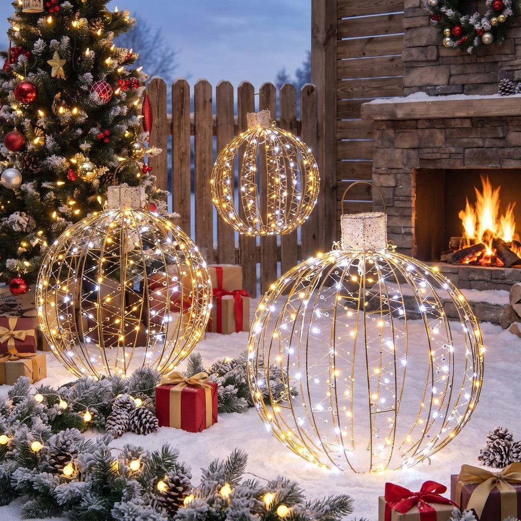 Airfind 3 Pack Christmas LED Light Balls with Cable Ties and 6 Stakes, Iron, 20.47 x 20.47 x 23.62 inch, Gold for Home, Patio and Everyday Use