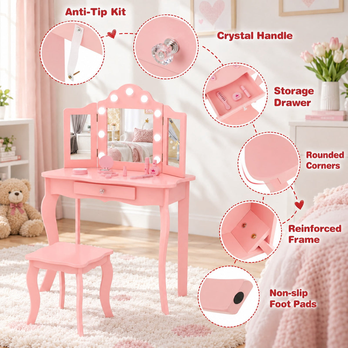 Airfind Kid Vanity Table Stool Set with Tri-Folding Mirror and 3-Color LED Lights, 66 lbs Capacity, P2 MDF Glass Frame, for 3+ Years Old, Pink