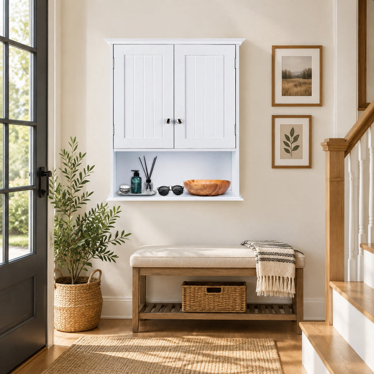 Airfind Wall Mount Bathroom Cabinet Storage Organizer with Doors and Shelves, MDF Metal Frame, White