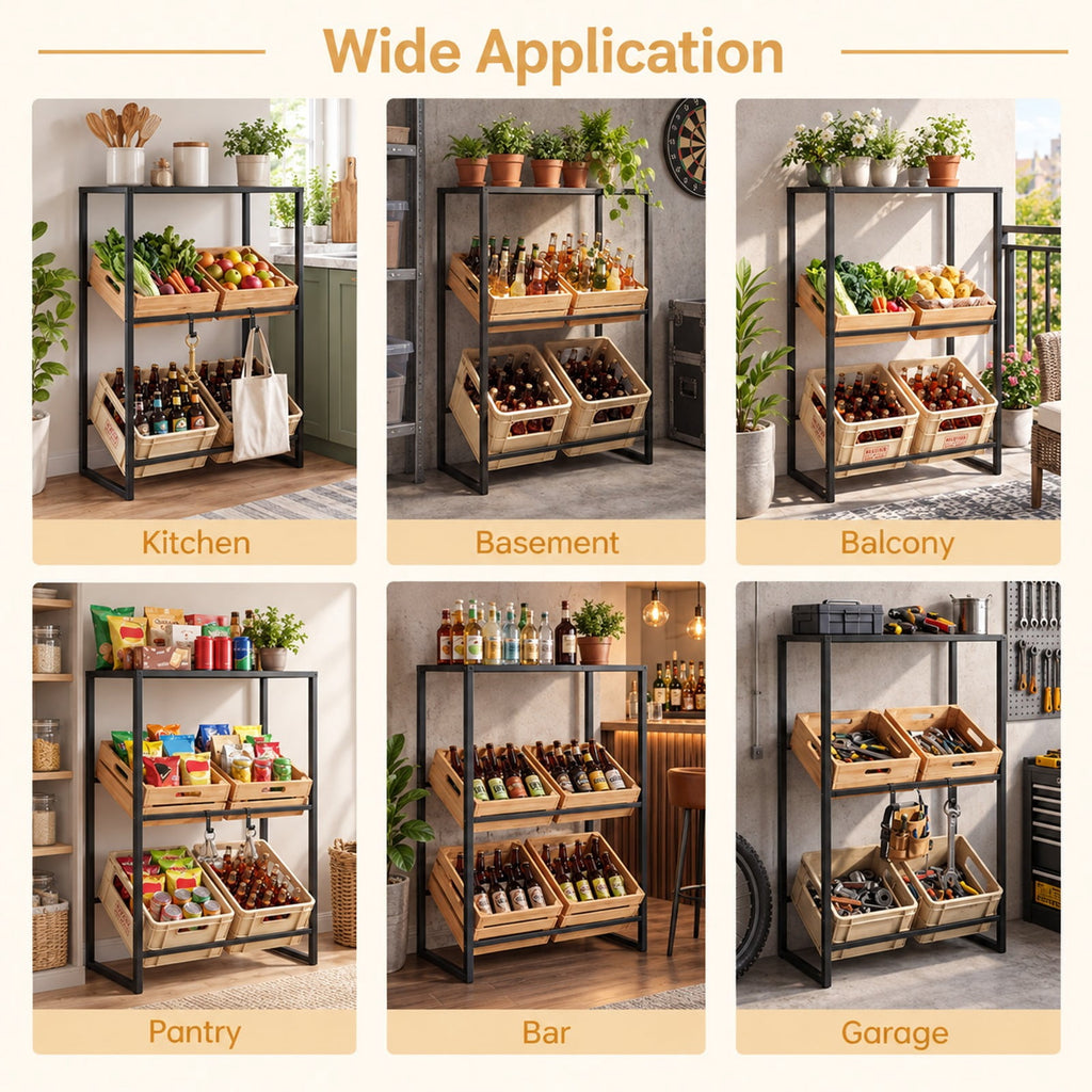 Airfind 3-Tier Drink Crate Rack with Shelf for Beer and Water for Kitchen and Garage, 44.1 lbs Capacity, Metal Frame, Black