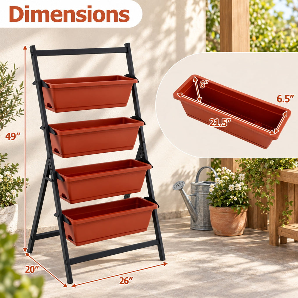Airfind 4-Tier Vertical Raised Garden Bed with Drainage Holes and 4 Containers, Plastic Metal Frame, 26 x 20 x 49 Footprint, Red