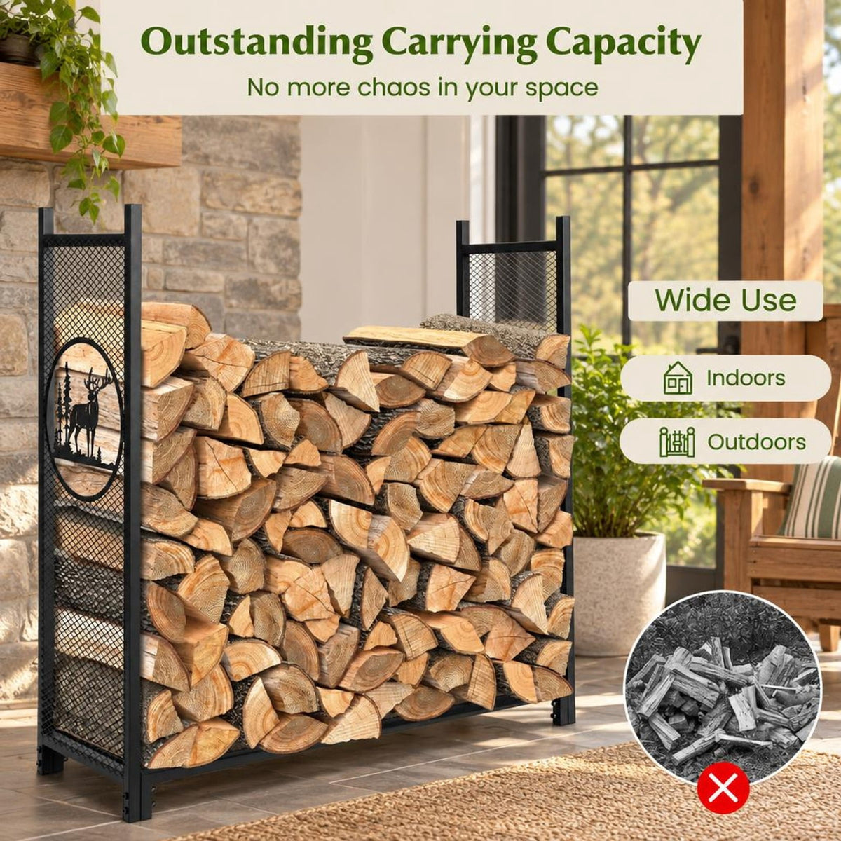 Airfind 4 Feet Firewood Rack Stand with Mesh Sides, 300 lbs Capacity, Metal Frame, 48 x 15 x 46 Footprint, Black