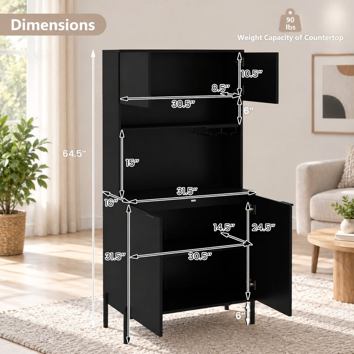 Airfind 64.5 Inches Tall Kitchen Pantry Cabinet with Charging Station and Wine Glass Rack, 90 lbs Capacity, Engineered Wood MDF Metal Frame, Black