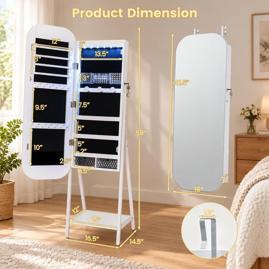 Airfind Jewelry Cabinet with Full-Length Mirror Large Storage Capacity, Engineered Wood Frame, 16.5 x 14.5 x 59 Footprint, White