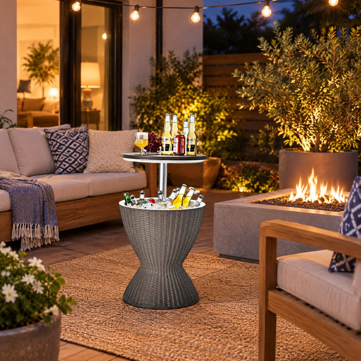 Airfind 3 in 1 8 Gallon Patio Rattan Cooler Bar Table with Adjust Ice Bucket, 165 lbs Capacity, PP Frame, Φ19 x 22.5 Footprint, Brown