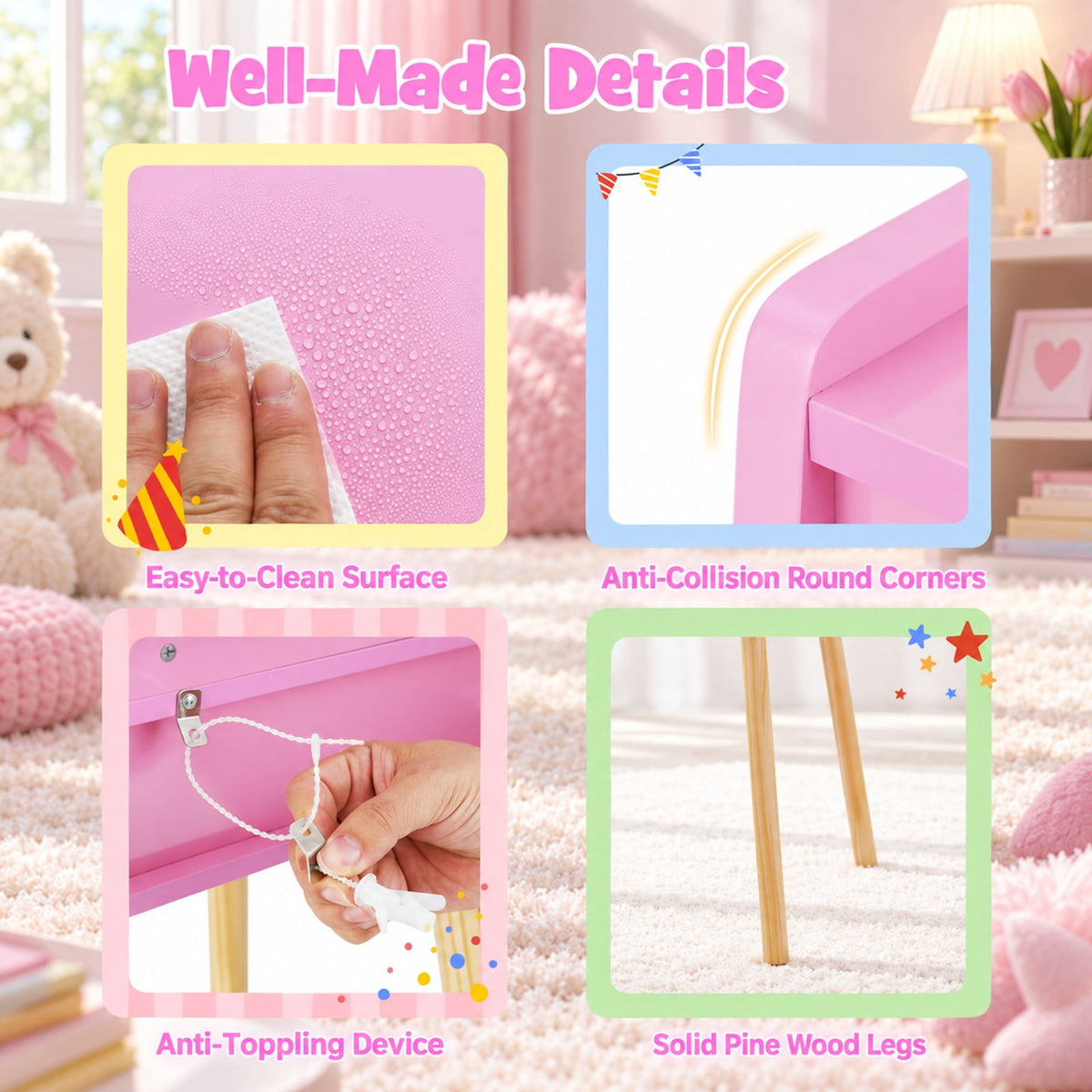 Airfind Kids Princess Makeup Dressing Desk and Chair Set with Mirror and Lights, 110 lbs Capacity, MDF Frame, for 3+ years old, Pink