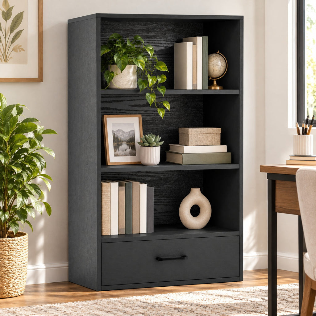 Airfind 48 Inch Tall 4 Tiers Wood Bookcase with Drawer, 88 lbs Capacity, Engineered Wood MDF Frame, 24in x 15in x 42.5in Footprint, Black