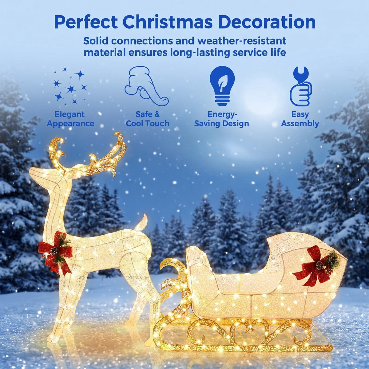 Airfind 6 Feet Christmas Lighted Reindeer and Santas Sleigh Decoration with 4 Stakes, Steel tinsel Frame, 19.5 x 72.5 x 48.5 Footprint