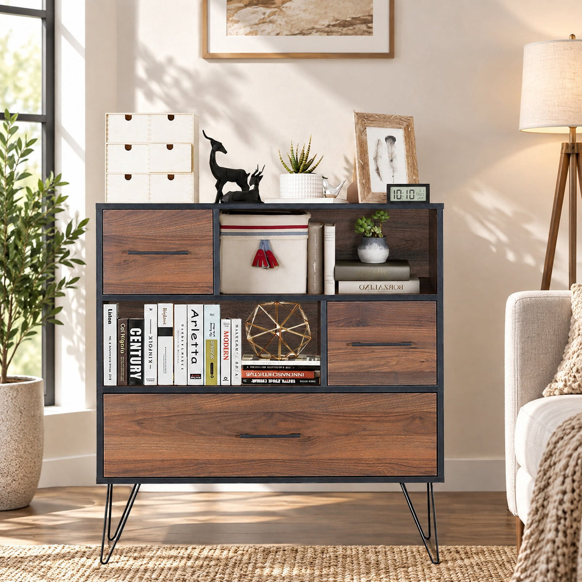 Airfind 3-Tier Wood Storage Cabinet with Drawers and 4 Metal Legs, 11 lbs Capacity, Engineered wood Metal Frame, Wood