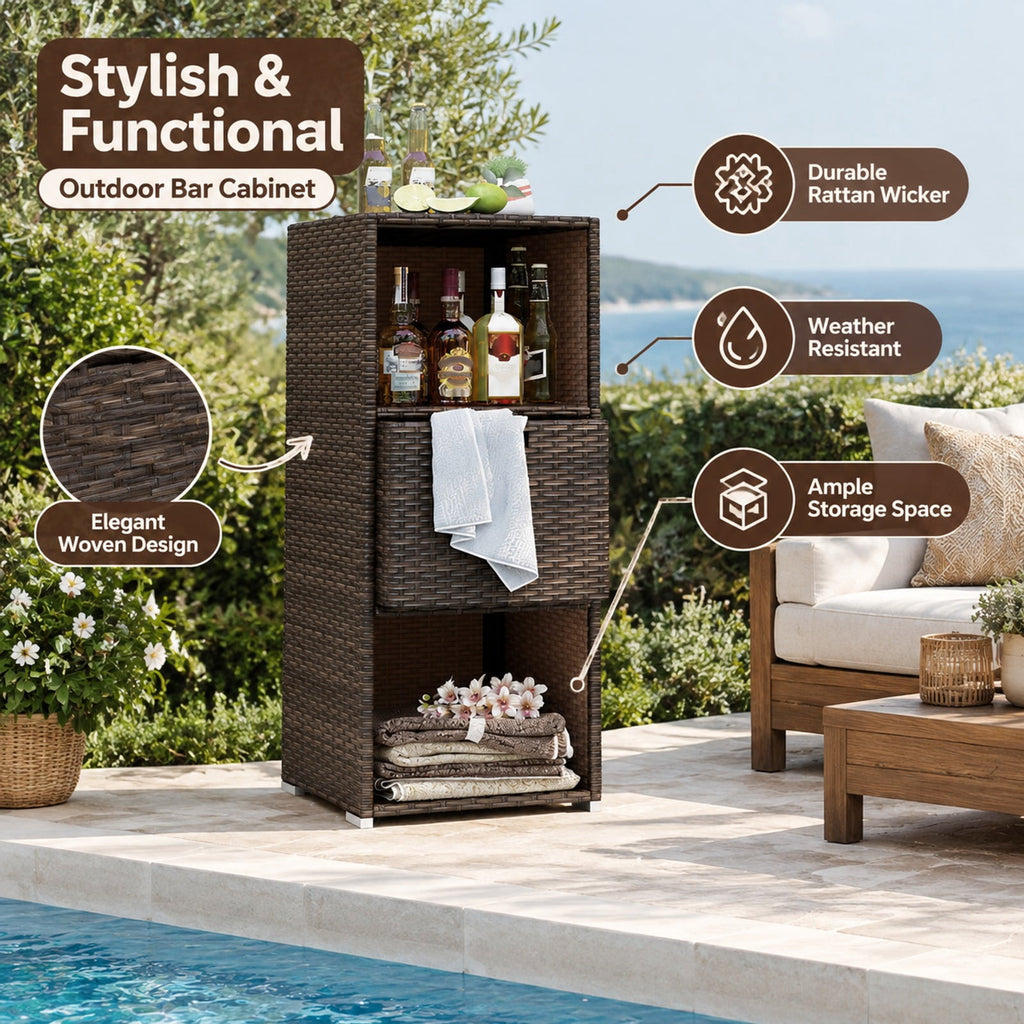 Airfind Outdoor Storage Cabinet Patio Wicker Organizer with Drawer, PE Rattan Metal Frame, 19.5 x 19.8 x 43 Footprint, Brown