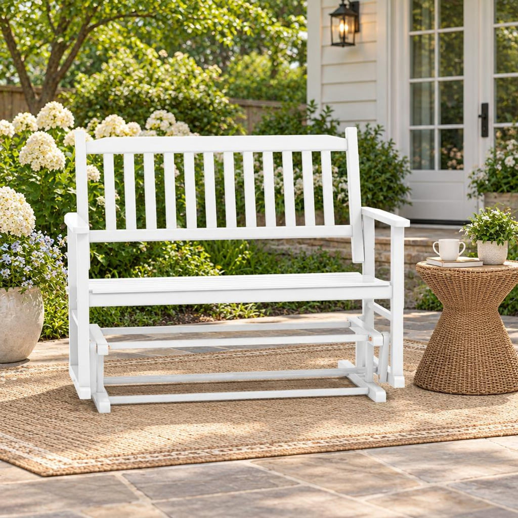 Airfind 2 Seats Outdoor Glider Bench with Armrests and Slatted Seat, 500 lbs Capacity, Poplar Wood Frame, 50 x 27 x 39 Footprint, White