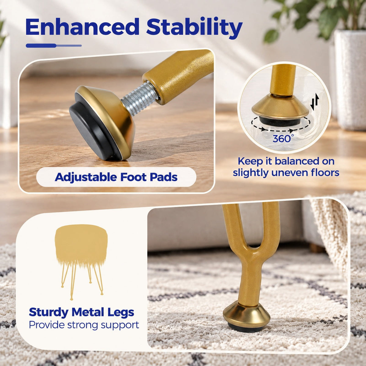 Airfind Faux Fur Vanity Stool Chair with Metal Legs for Bedroom and Living Room, 330 lbs Capacity, Faux Fur Sponge Metal MDF Plywood Frame, White