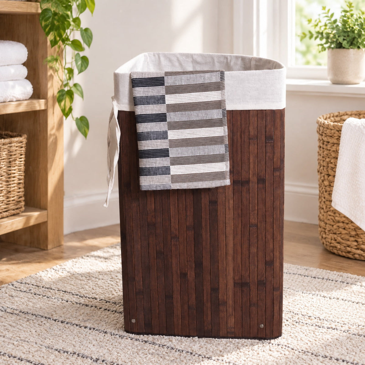 Airfind Corner Bamboo Hamper Laundry Basket, Bamboo and polyester cotton Frame, Brown, Easy to carry with a handle on each side