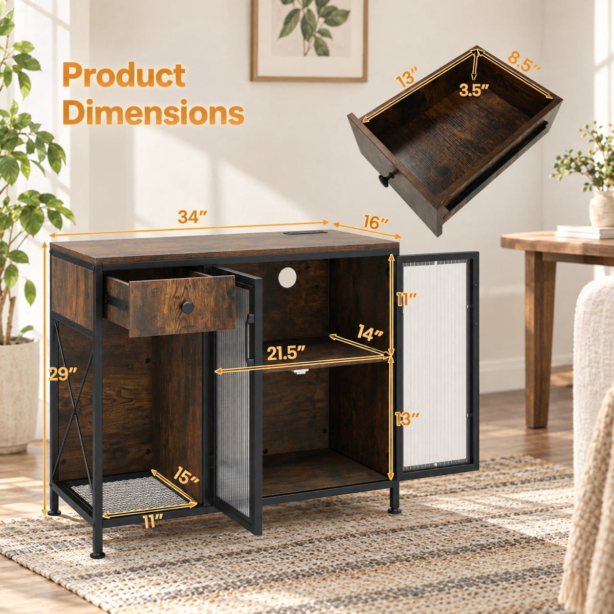Airfind Buffet Sideboard with Doors, Power Outlets and LED Light, 110 lbs Capacity, Engineered Wood Cabinet for Dining Room, Brown