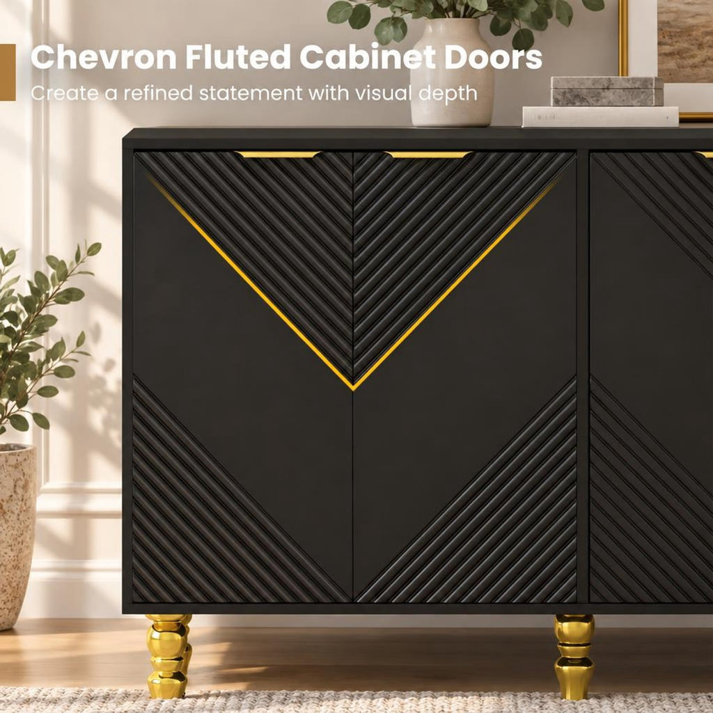 Airfind 47 Sideboard Buffet Cabinet with 4 Chevron Fluted Doors Anti-Toppling Devices for Kitchen, Black