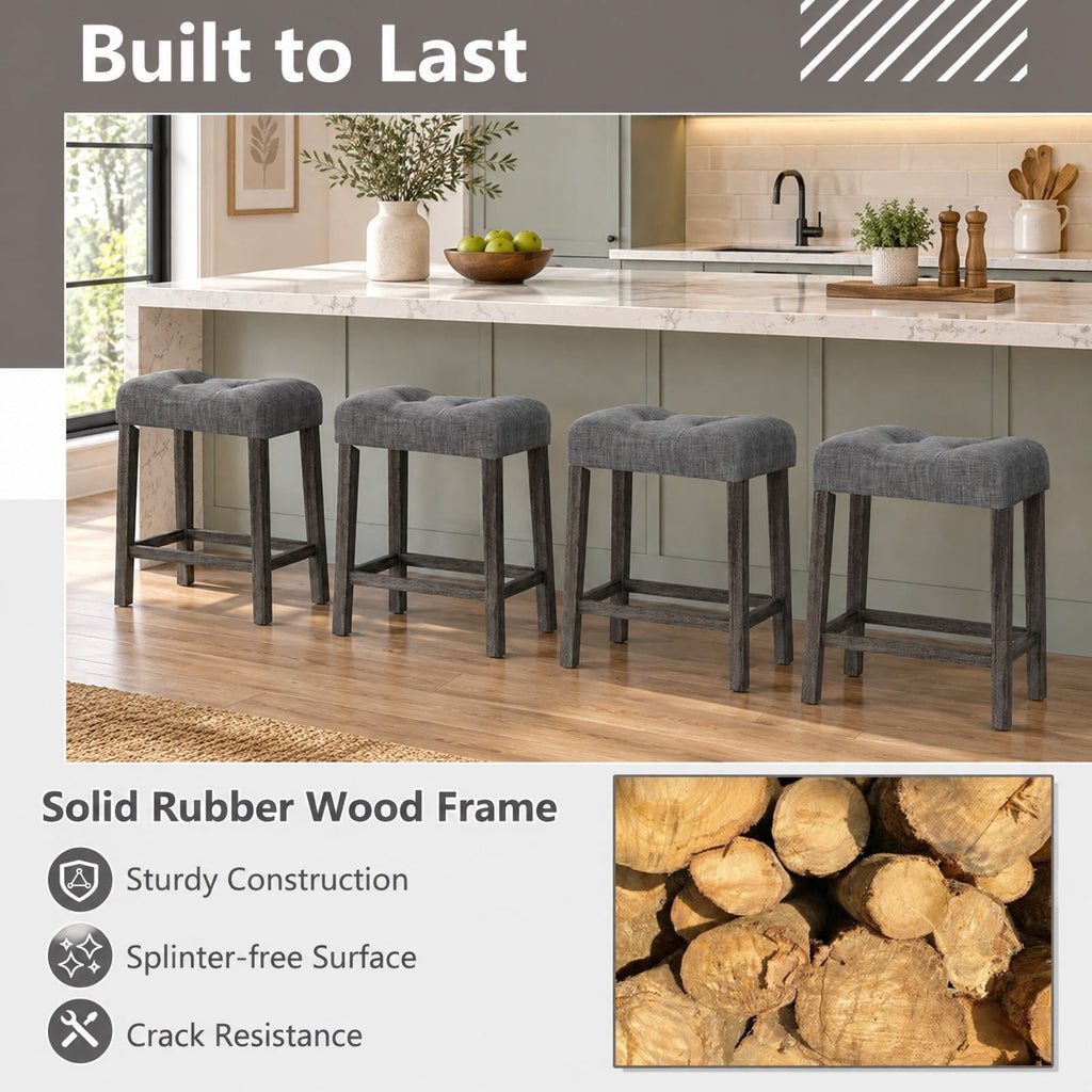 Airfind 24 Inch Set of 2 Saddle Bar Stools with Padded Seat, 350 lbs Capacity, Linen Fabric Sponge Rubber Wood MDF Frame, Gray