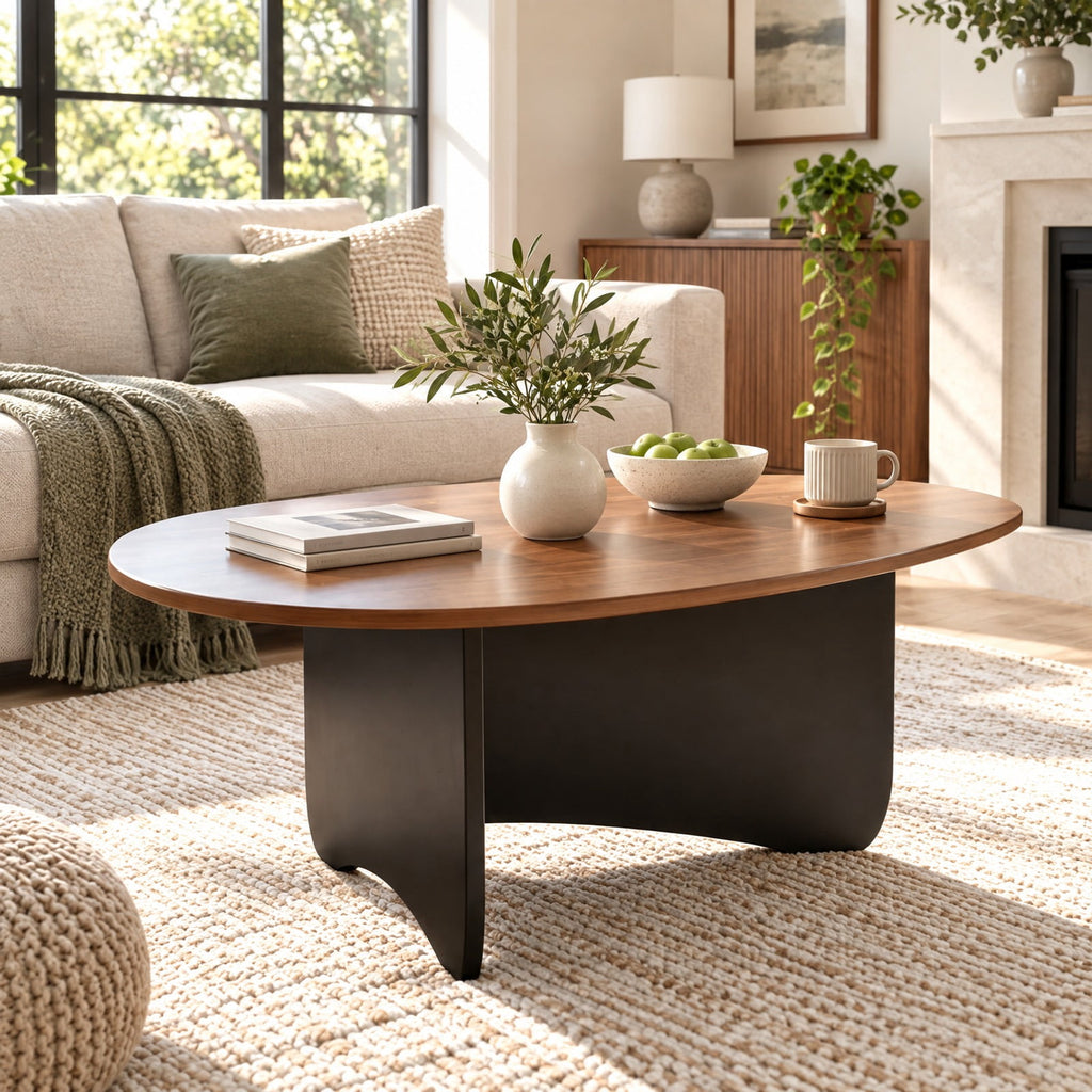 Airfind Oval Coffee Table Mid Century Modern Accent Table Low Profile Wooden Center Table, 35.5 x 21.5 x 15Weight Footprint, Walnut