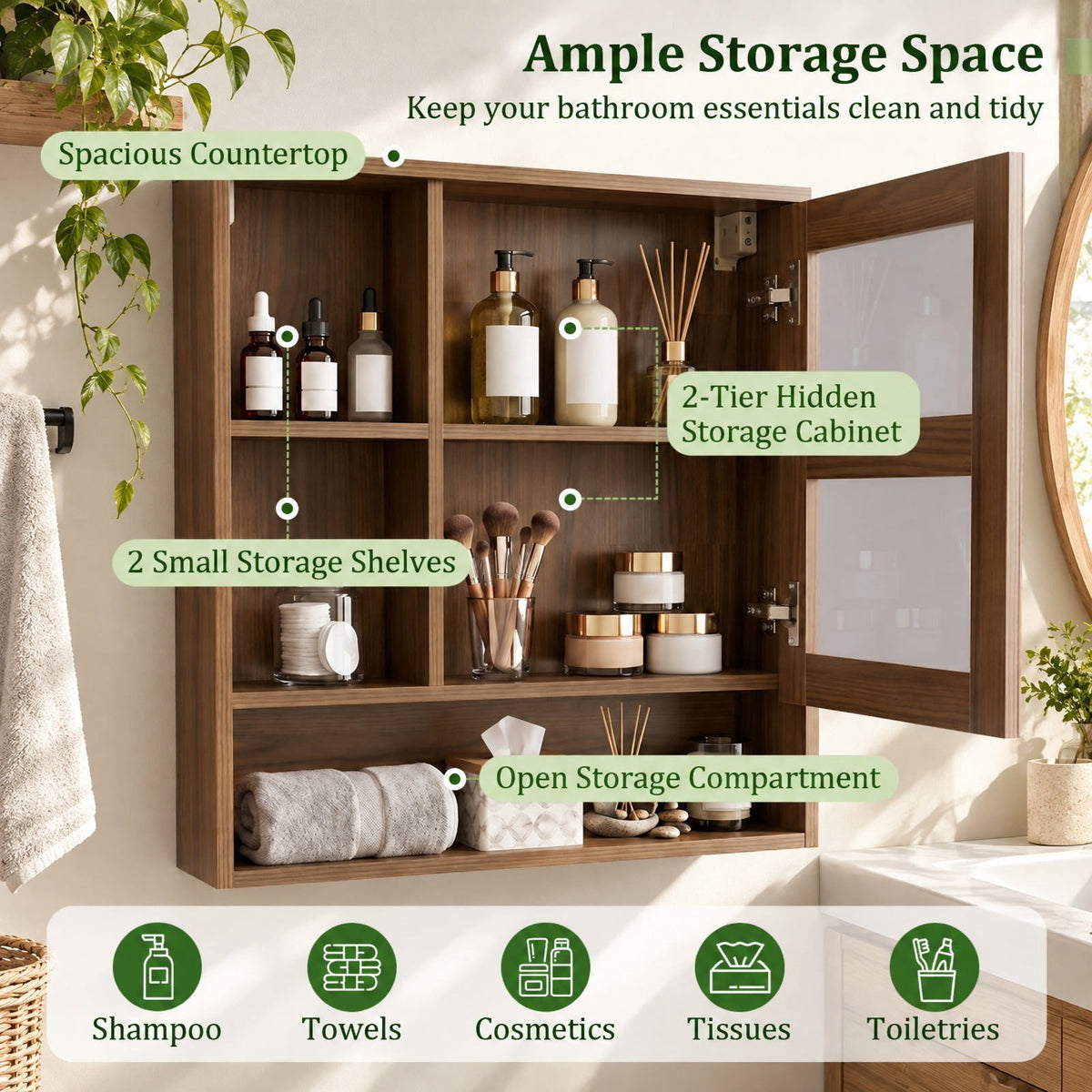 Airfind Wall-Mounted Mirror Cabinet with 2 Hidden Shelves and 3 Open Compartments, 22 lbs Capacity, Engineered Wood Frame, 22 x 6 x 24 Footprint