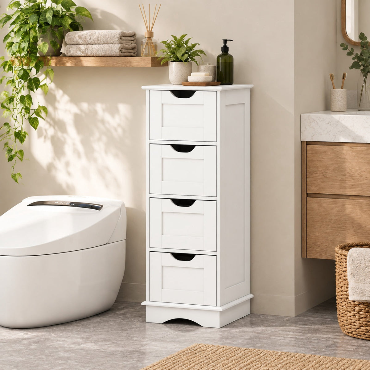Airfind Bathroom Storage Cabinet featuring Cutout Handles and 4 Drawers, 33 lbs Capacity, MDF Frame, 12 Inch x 12 Inch x 32 Inch Footprint, White