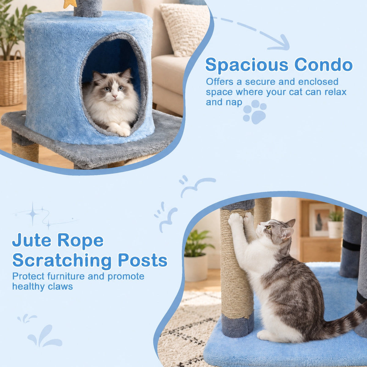 Airfind 31.5 Inch Cute Modern Cat Tree Multi-Level Kitten Tower, Engineered Board Plush Fabric Sponge Jute, 18.5 Inch X 16 Inch X 31.5 Inch Condo, Blue