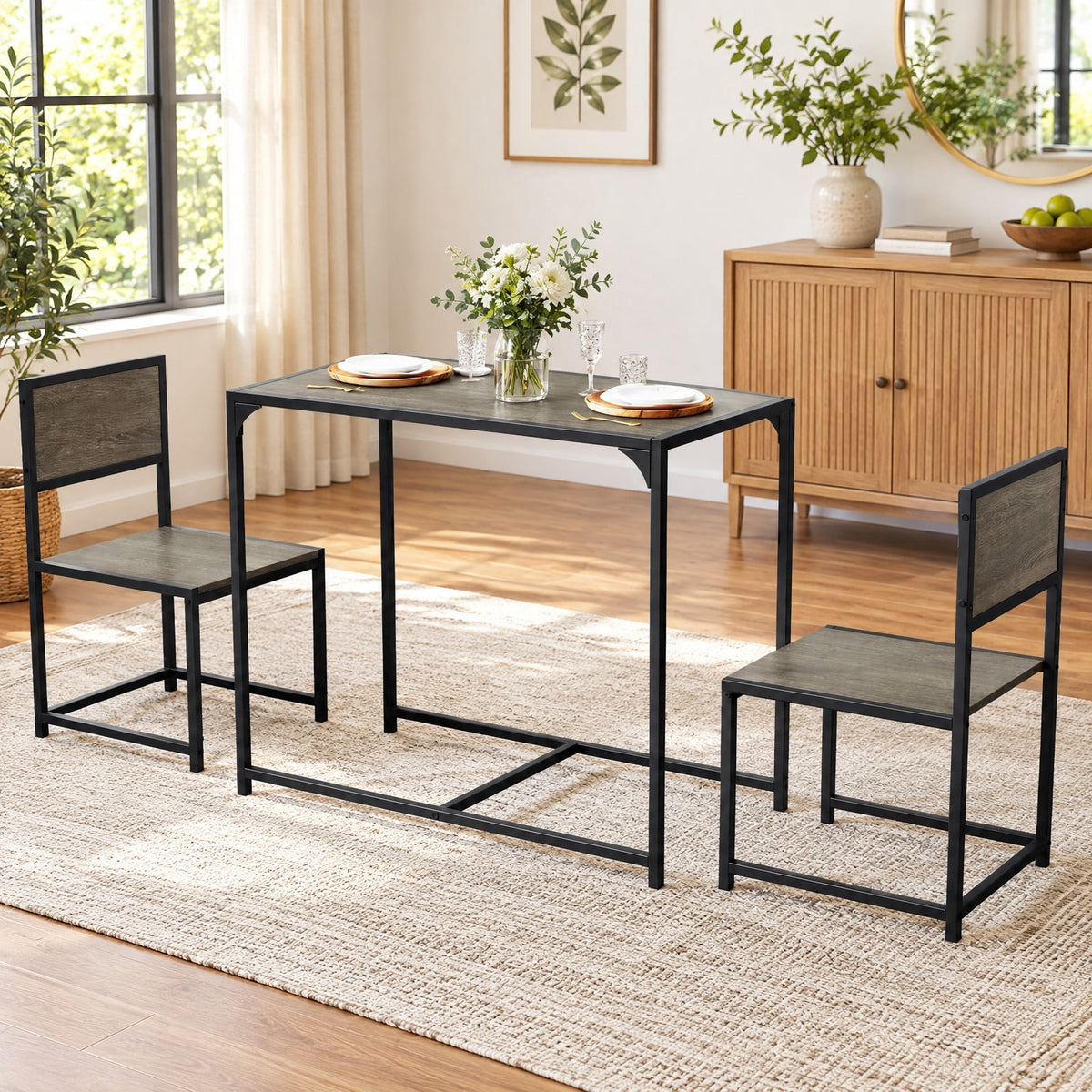 Airfind 3 Pieces Dining Set Compact Table and 2 Chair with Metal Frame for Small Space, 200 lbs Capacity, Engineered Wood Metal Frame, Rustic Brown
