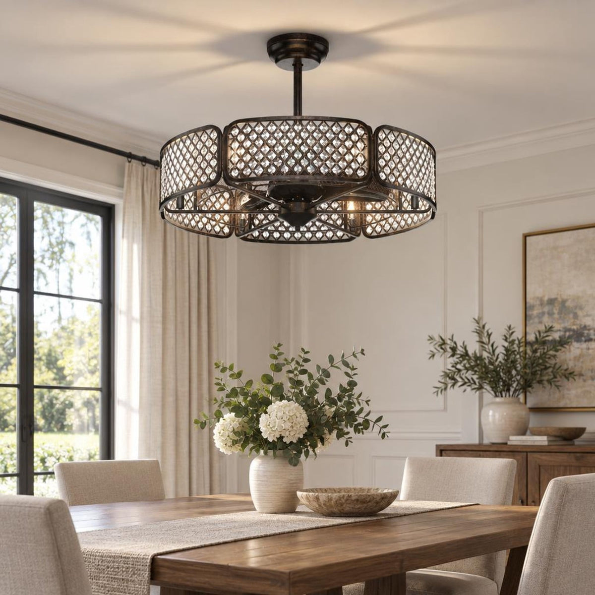 Airfind 30 Inch Caged Ceiling Fan with Light Crystal Lampshade 6 Light Bases, Iron Pp, Overall Dimension 30 Inch X 21 Inch or 31 Inch (d X, Brown