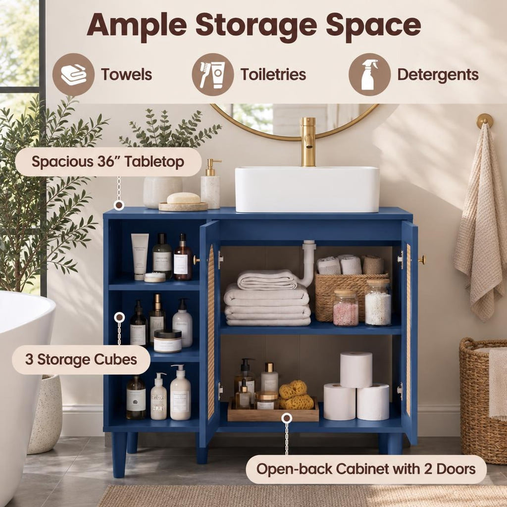Airfind 36 Inch Under Sink Cabinet Boho for Vessel Sinks and Single-Handle Faucets, 265 lbs Capacity, MDF Rubber Wood PE Rattan Metal Frame, Navy