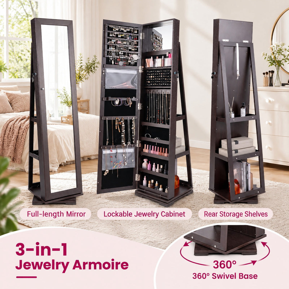 Airfind Jewelry Cabinet, 360¡ã Rotatable 2-in-1 Lockable, with Full-Length Mirror, P2 MDF Frame, 15 Inch x 15 Inch x 63.5 Inch (L x W x H) External, Brown
