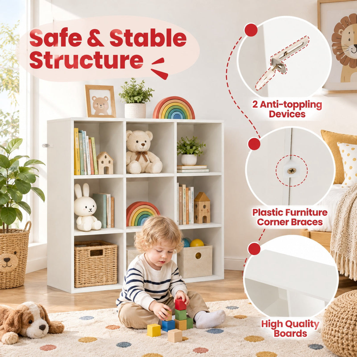Airfind Wooden Kids Bookcase with Storage Cubbies and Anti-toppling Devices, 155 lbs Capacity, Engineered Wood MDF Frame, White