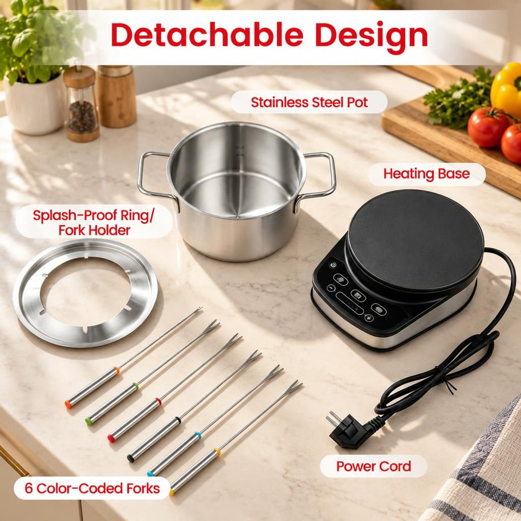 Airfind 1200W Electric Fondue Pot Set with 3.2 QT Removable Pot 6 Color, Stainless Steel PBT Frame, 9.5 × 7 × 3 Footprint, Silver + Black