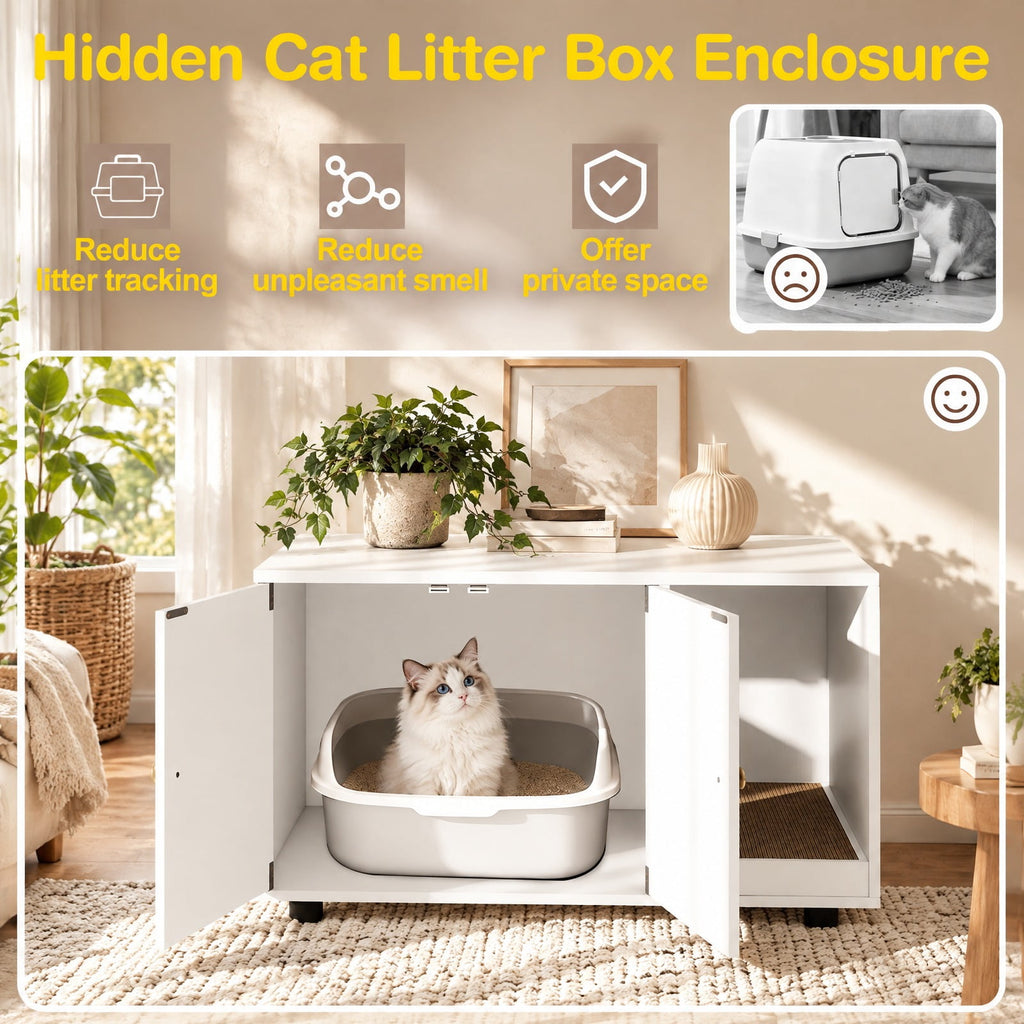 Airfind Wooden Cat Litter Box Enclosure Hidden Litter Box Furniture with Scratching Board, Engineered Board MDF Frame, White