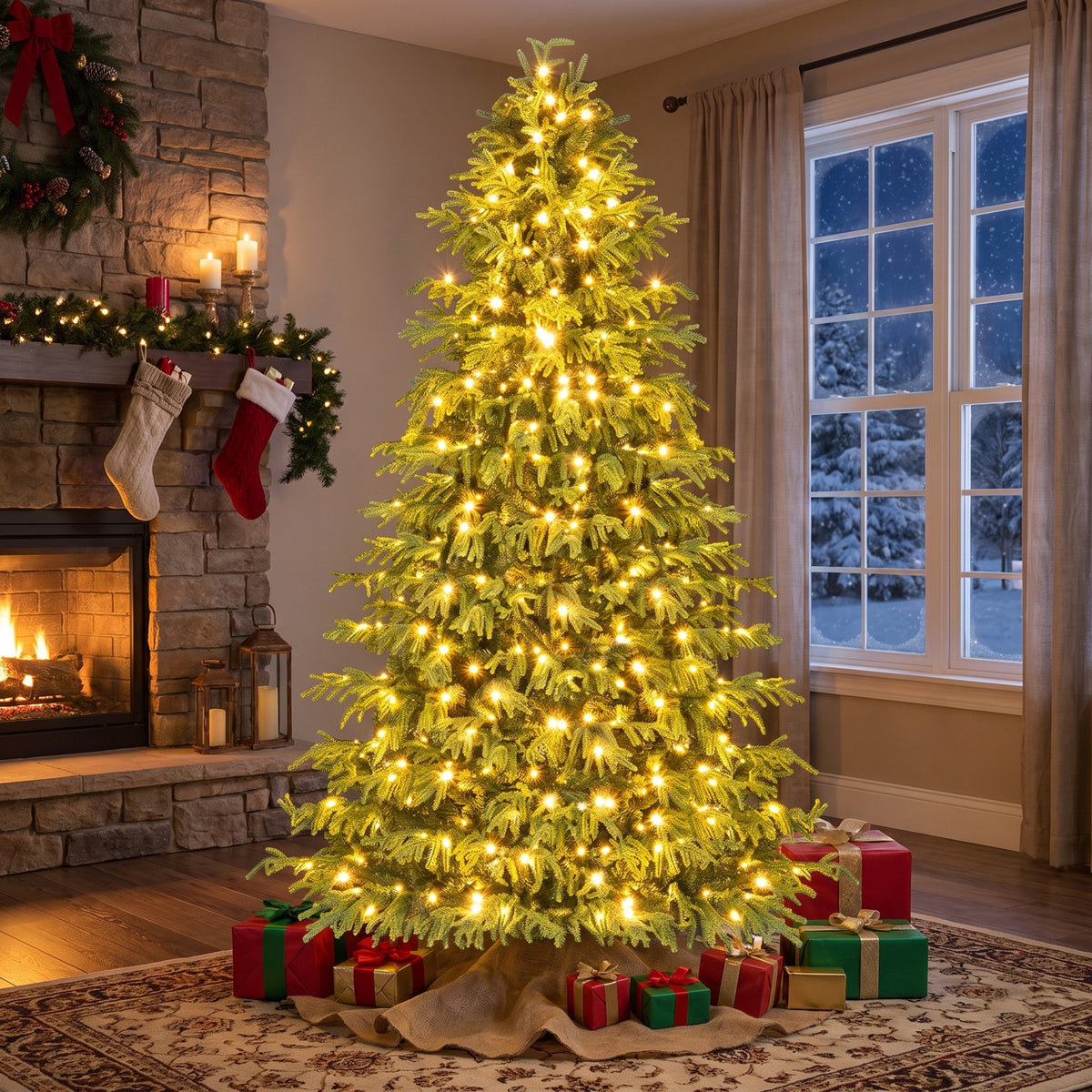 Airfind Artificial Christmas Tree with LED Lights and PVC Mixed Branch Tips-7, TPE PVC Metal Tree Height 6/7/8 ft Tree Width 3.9/4.3/4.7 ft Frame