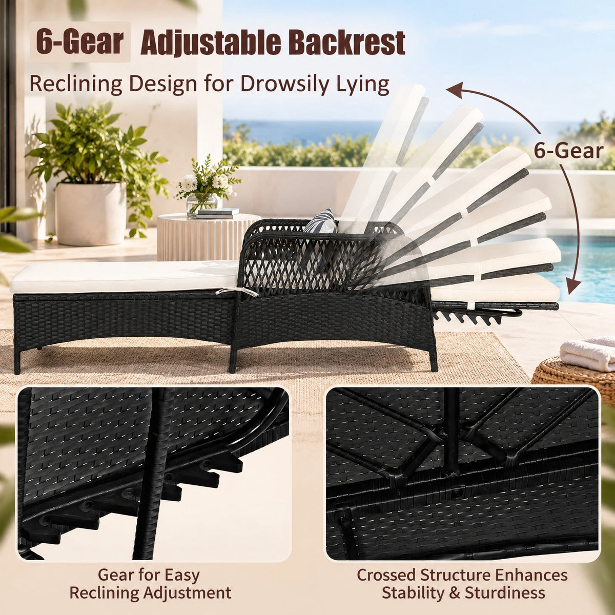 Airfind PE Rattan Armrest Chaise Lounge Chair with Adjustable Pillow, 400 lbs Capacity, Steel PE wicker rattan fabric foam Frame, White