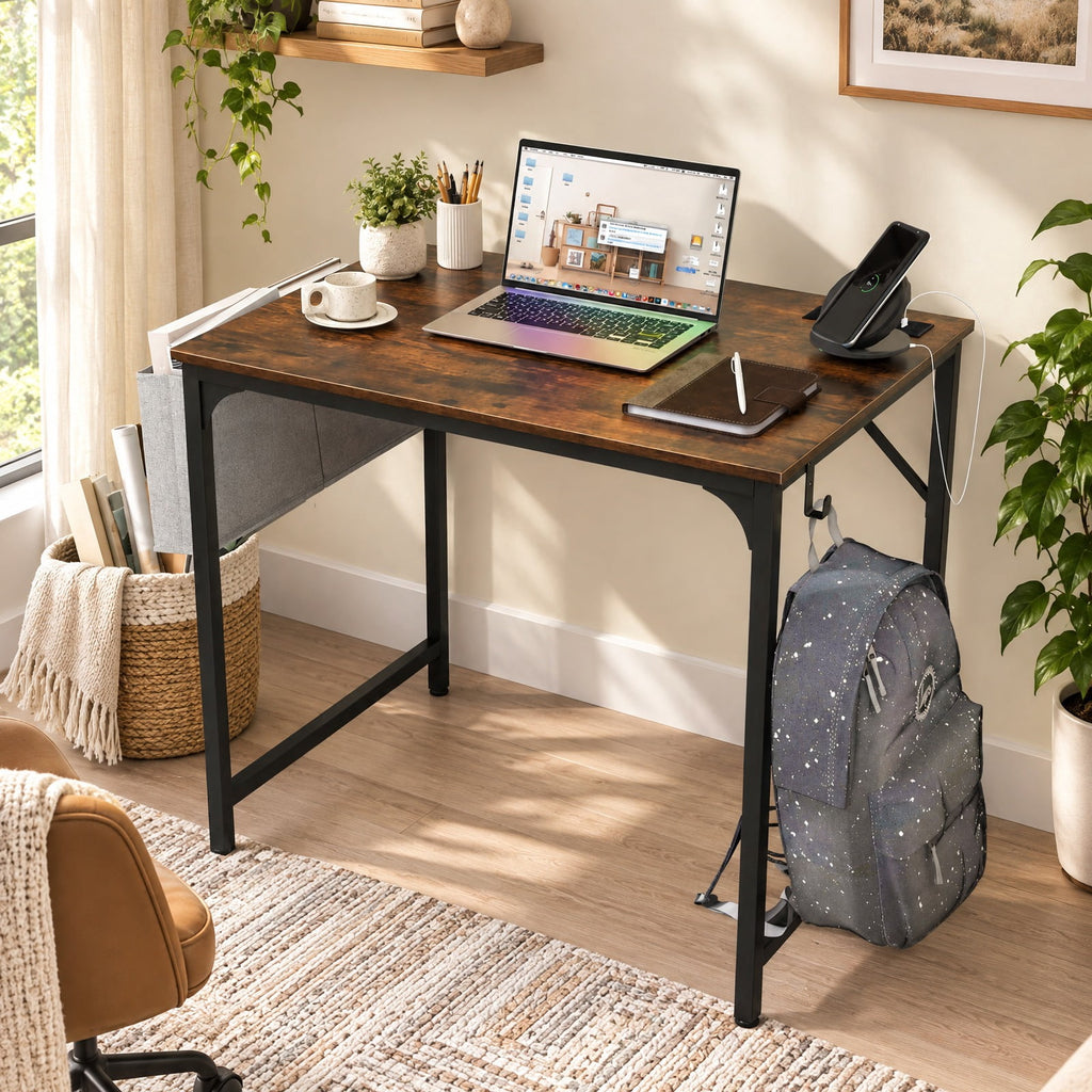 Airfind 32 Inch Home Office Desk with Charging Station Storage Bag and Headphone Hook, 210 lbs Capacity, Engineered Wood MDF Metal Fabric Frame