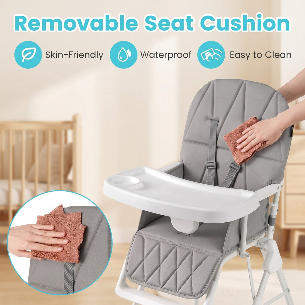Airfind Easy Clean Compact Highchair with Removable Adjustable Tray and PU Seat Cushion, 33 lbs Capacity, PP Frame, for 6 months-3 years old, Gray