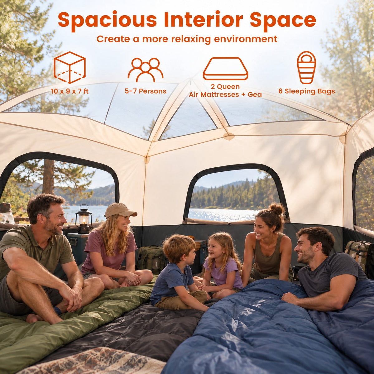 Airfind 6-Person Camping Tent Easy Setup Family Cabin Tent with Top Rainfly Mesh Windows, Fabric Fiberglass Metal Frame, 10 x 9 x 7 ft Footprint