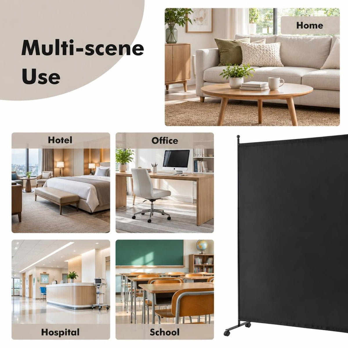Airfind 6 Feet Single Panel Rolling Room Divider with Smooth Wheels, Metal polyester Frame, 73 x 12 x 73 Footprint, Black
