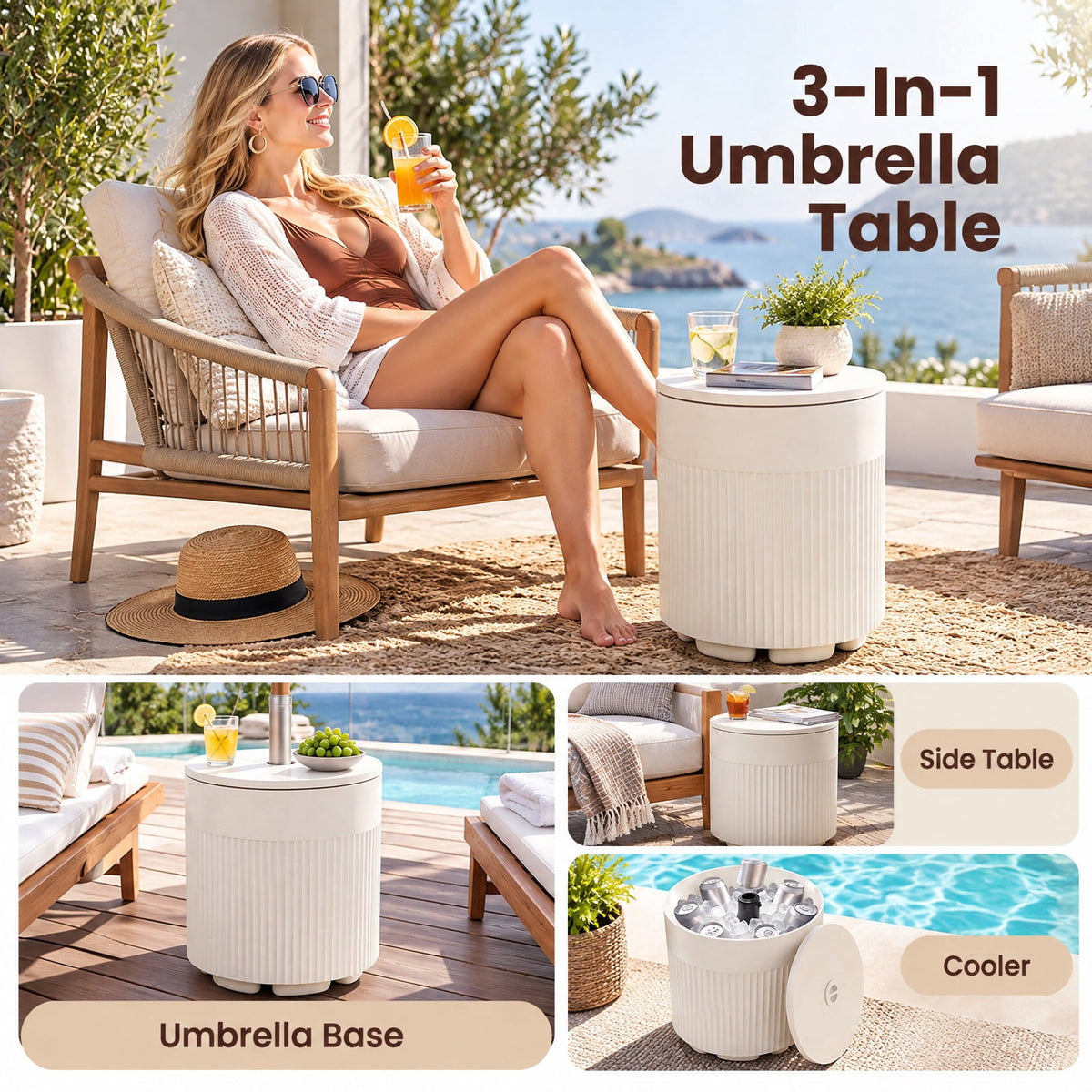 Airfind 3-in-1 Outdoor HDPE Umbrella Base, Cooler and Side Table with Water Bag and 2 Umbrella Hole for Patio, 15 x 15 x 17, White