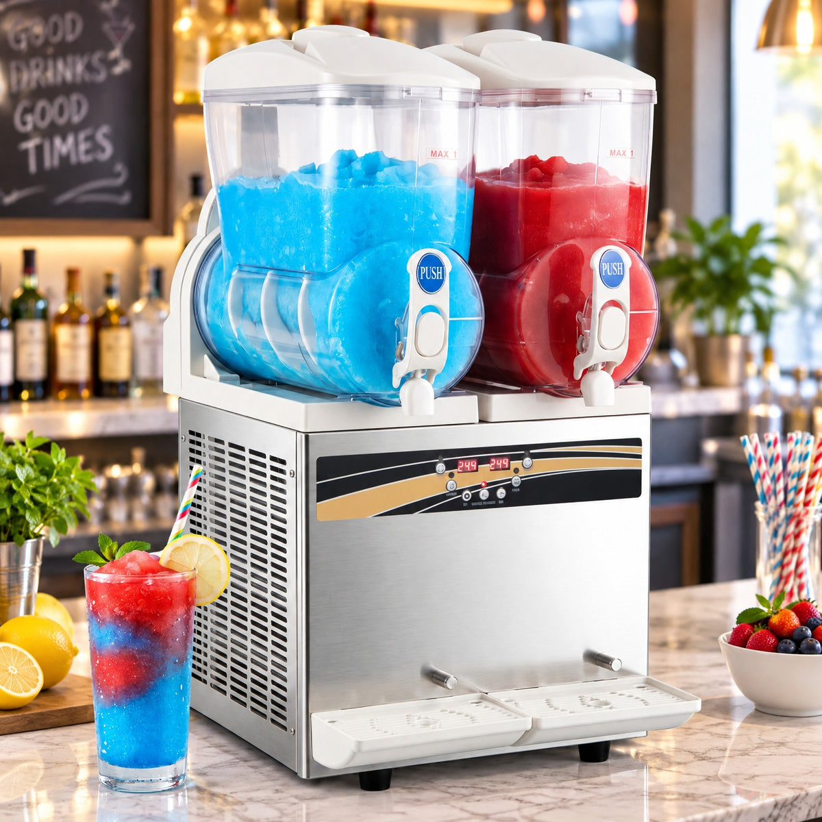 Airfind 8 Gal Commercial Slushie Machine with LED Lights, Silver, 2 tanks for serving drinks in 2 flavors, Get your slush prepared in about 30 minutes