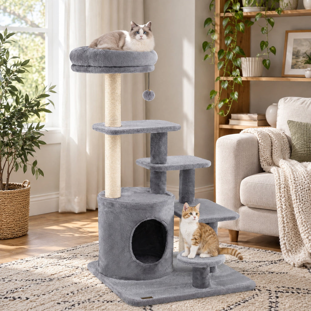 Airfind 40 Inch Multi-level Cat Tower with Condo and Dangling Jingle Ball, 33 lbs Capacity, Engineered Wood Sisal Plush Fabric Frame, Gray