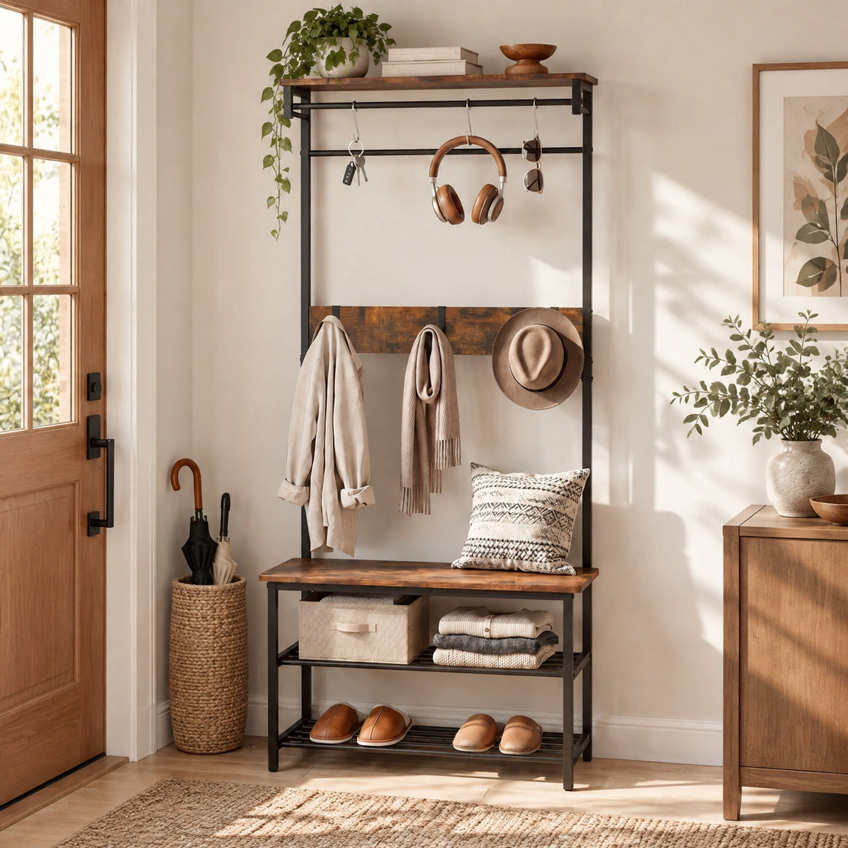 Airfind Coat Rack 4-In-1 Hall Tree with Shoe Bench and Removable Hooks, 220 lbs Capacity, Metal Engineered Wood Frame, Coffee