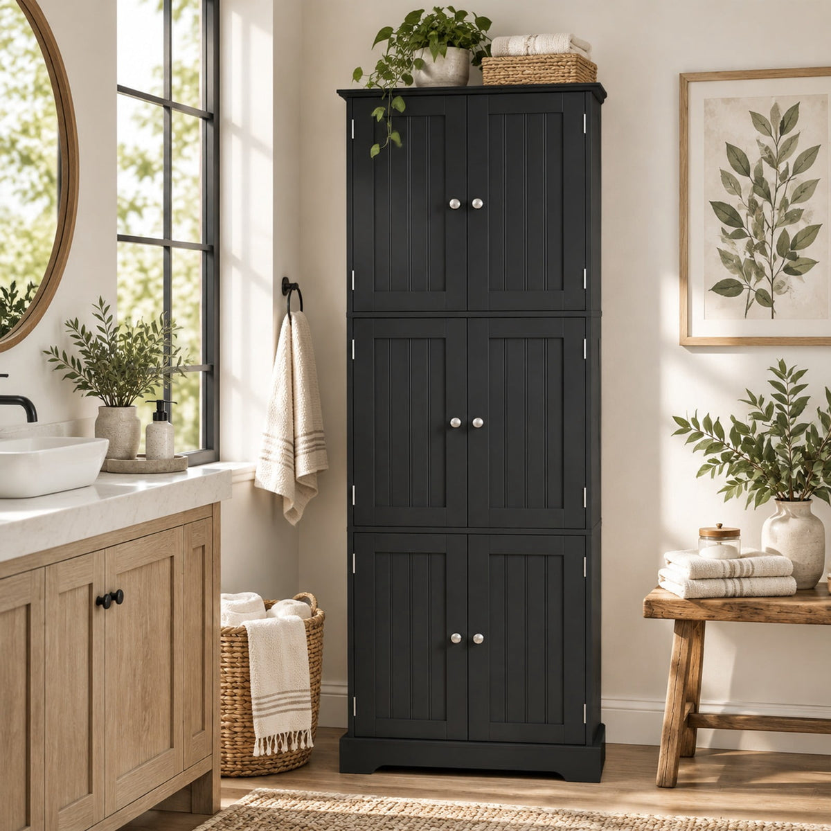 Airfind 63 Inch Tall Bathroom Storage Cabinet with 6 Doors and Adjustable Shelves, 44 lbs Capacity, Engineered Wood Frame, Black