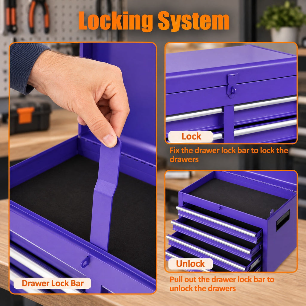 Airfind 2-in-1 Rolling Tool Chest with 5 Sliding Lockable Drawers, 220.5 lbs Capacity, Steel rubber-plastic synthetic Frame, Purple