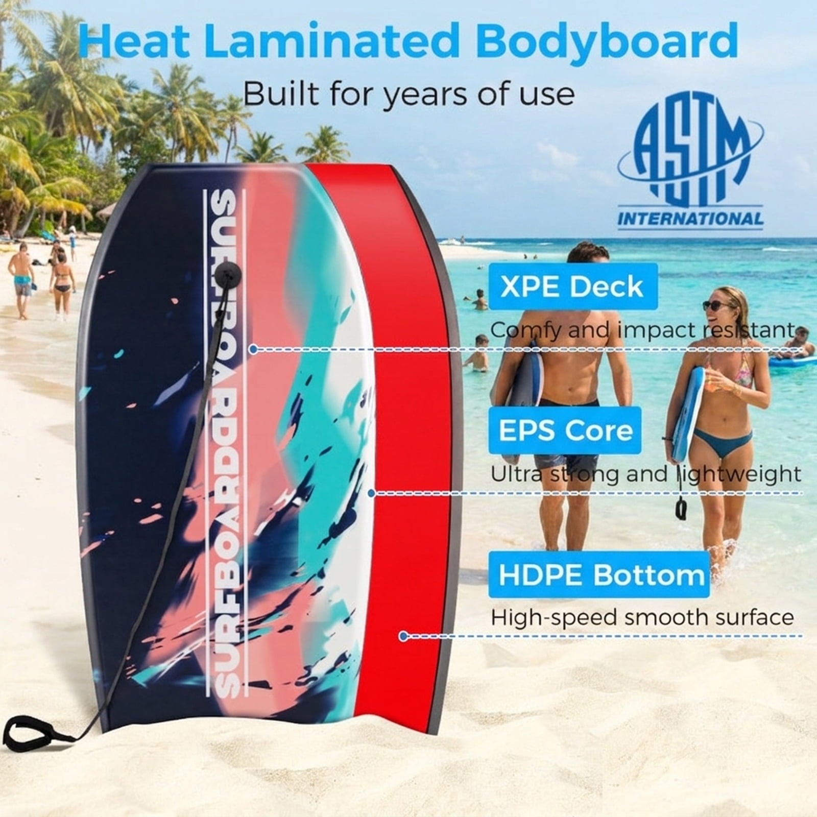 Airfind 33 Boogie Board with Sunset Splash Graphic Deck ¡ª EPS Core, XPE Top, HDPE Slick Bottom, Crescent Tail, Coiled Wrist Leash