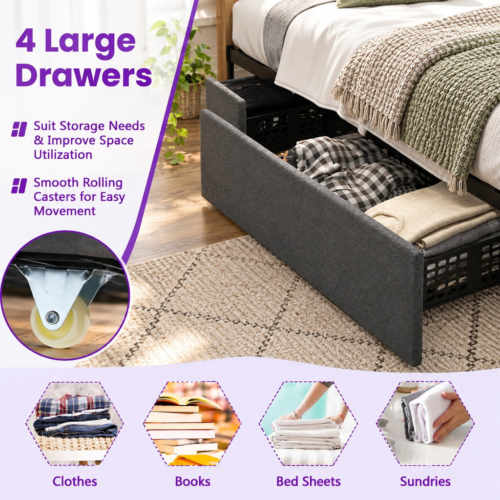 Airfind Upholstered LED Bed Frame with Headboard and 4 Drawers, 880 lbs Capacity, 78 x 43.5 x 40.5-42.5(L x W x H) Drawer Footprint, Gray