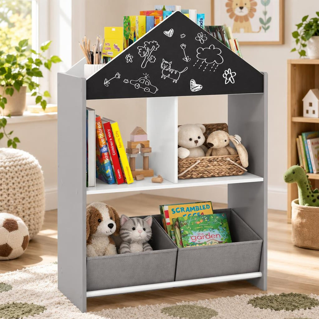 Airfind Playhouse Kids Bookshelf with Chalkboard and Whiteboard for 3-6 Years, MDF Metal Fabric Frame, Gray