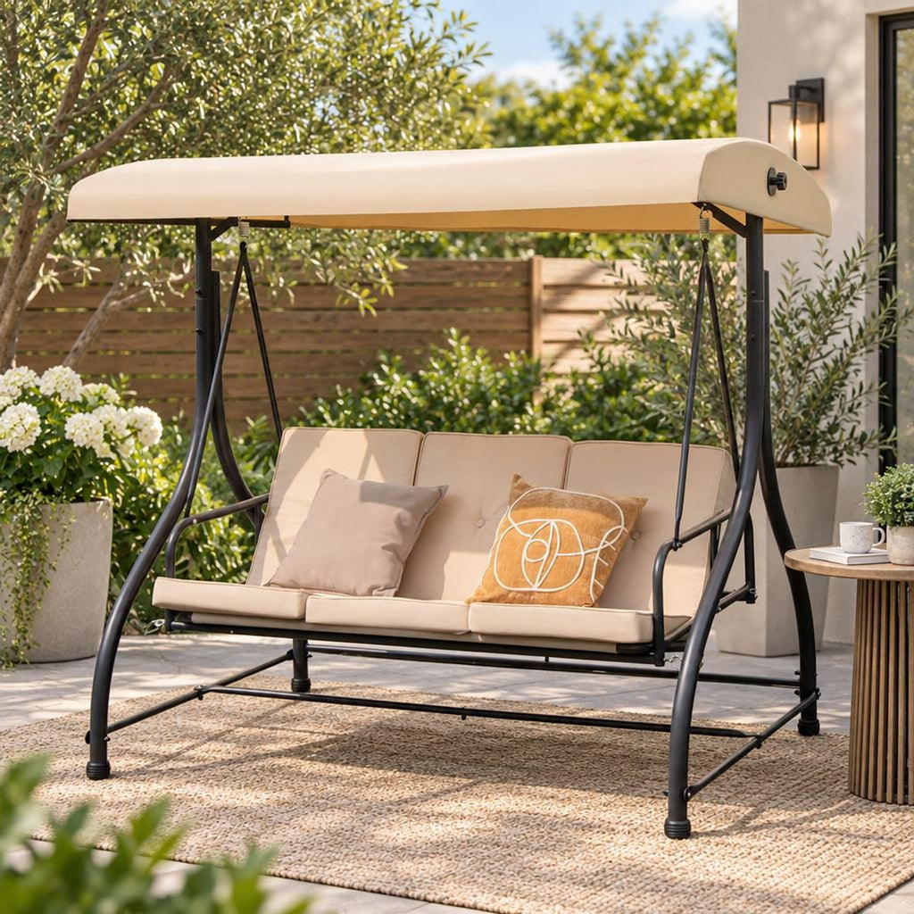 Airfind 3 Seat Outdoor Porch Swing with Adjustable Canopy, Metal Polyester Cotton Seat Height: 20 Frame, Beige
