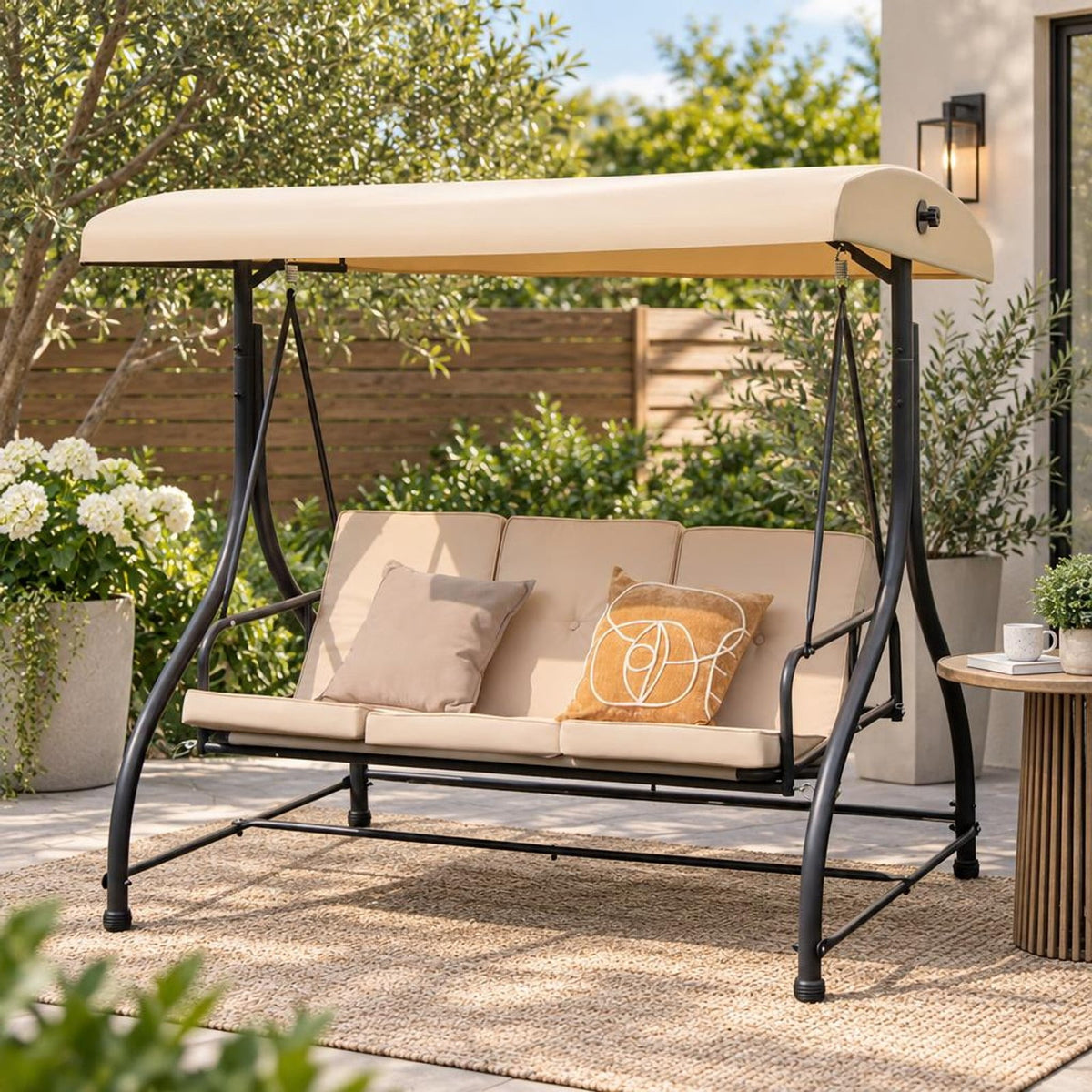 Airfind 3 Seat Outdoor Porch Swing with Adjustable Canopy, Metal Polyester Cotton Seat Height: 20 Frame, Beige